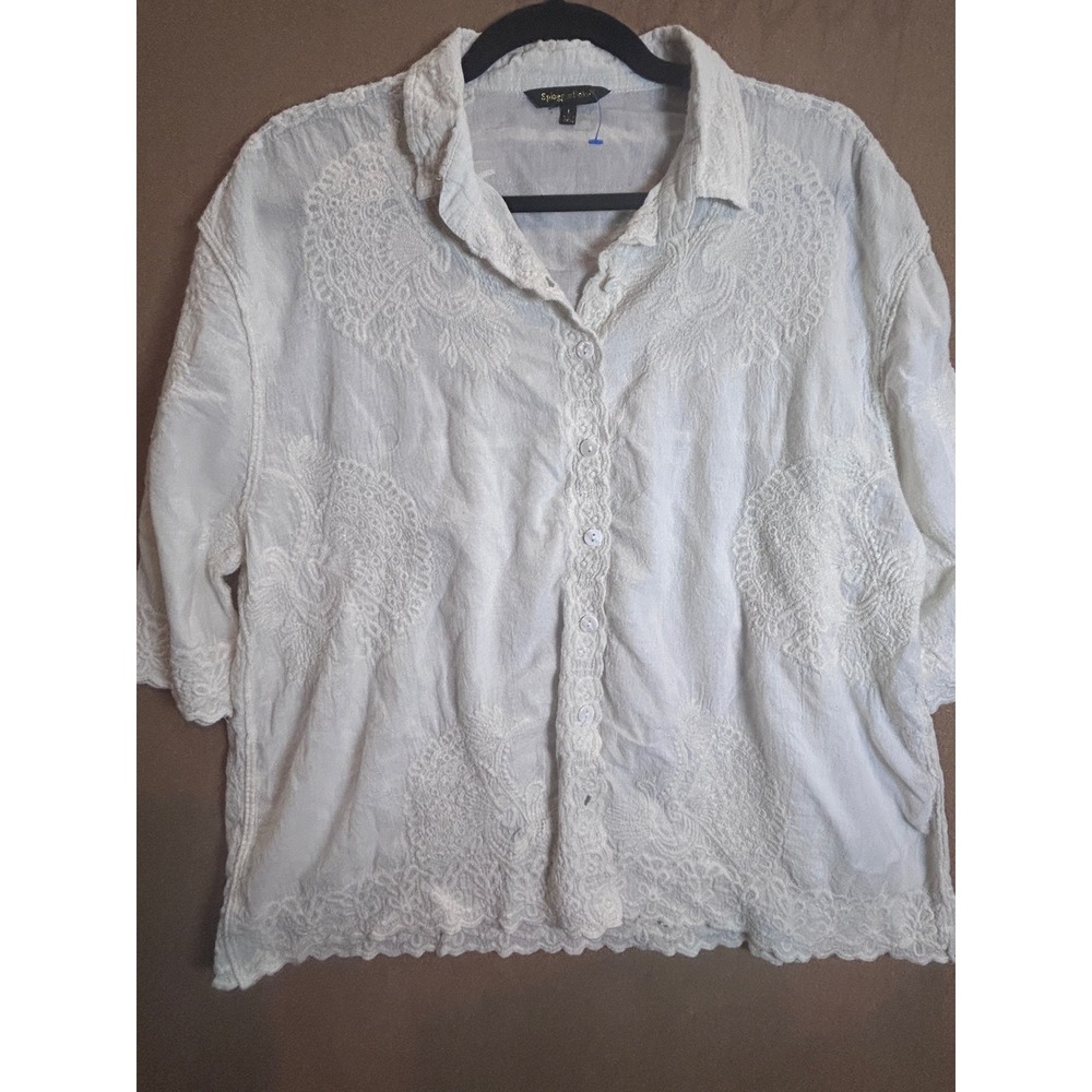 Spiaggia Dolce Embroidered Eyelet Button Down Shirt Womens‎ Large White Cotton